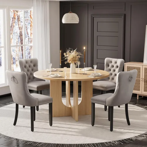Miniatura 9 de Mesa de comedor redonda de 47 pulgadas para juego de mesa de cocina rústica de 6,7 piezas, mesa de comedor de granja, sillas negras de alta gama