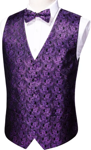 Miniatura 5 de Barry.Wang Conjunto de chaleco de pajarita para hombre, chaleco con cuello en V de seda jacquard de cachemira, gemelos de pañuelo formal/ocio, boda