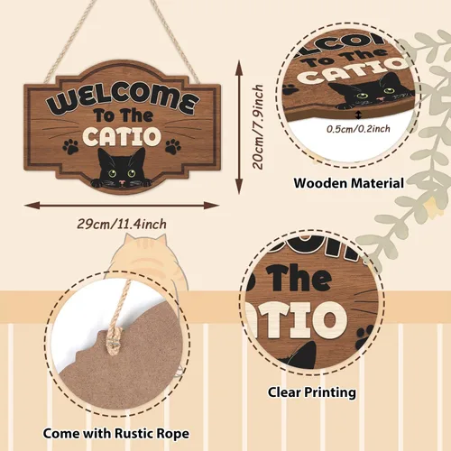 Miniatura 2 de HLNIUC Letrero de madera con texto en inglés «Welcome To The Catio» (11 x 8 pulgadas), divertido diseño de gatos negros, bonitos letreros de puerta