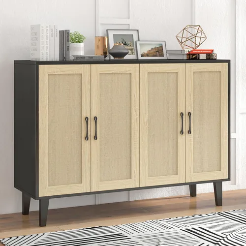 Miniatura 5 de Panana Armario de almacenamiento de buffet con decoración de ratán 4 puertas, aparador de cocina para sala de estar, 48.43 x 34.65 x 15 pulgadas