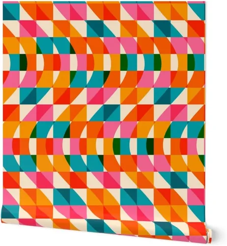 Muestras de papel tapiz removibles – Retro Cuadros Ondas Rosa Verde Azul Rojo Naranja Rayas Papel pintado personalizado pre-pegado por Spoonflower