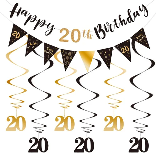 BRT Bearingshui Kit de decoración de cumpleaños número 20 para hombres y mujeres, pancarta de feliz cumpleaños 20, serpentinas de remolinos,