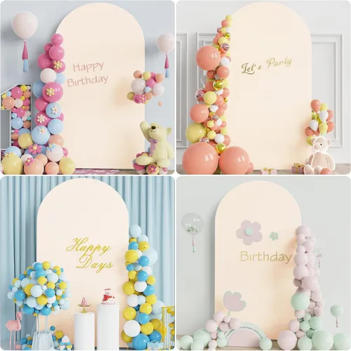 Miniatura 5 de Soporte de arco de boda Putros de 7.2 pies beige con forro de spandex ajustado y parte superior redonda Chiara para cubrir soportes de telón