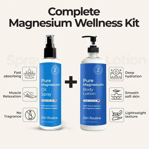 Miniatura 2 de Zen Routine Spray de aceite de magnesio puro + loción corporal con manteca de karité, cloruro de magnesio tópico para calambres en las piernas