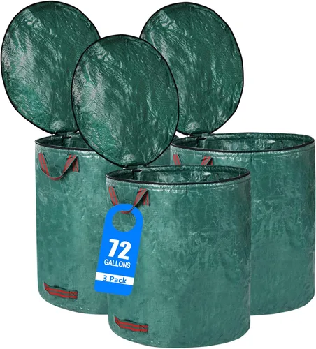 Paquete de 3 bolsas de basura reutilizables de 72 galones con tapa, bolsas extra grandes de hojas de césped, resistentes con 4 asas, bolsas de