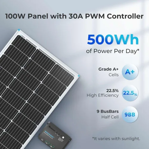 Miniatura 2 de Renogy - Kit básico de panel solar de 100W 12V, panel solar monocristalino de 100 vatios, controlador de carga PWM LCD de 30A, kit de adaptadores