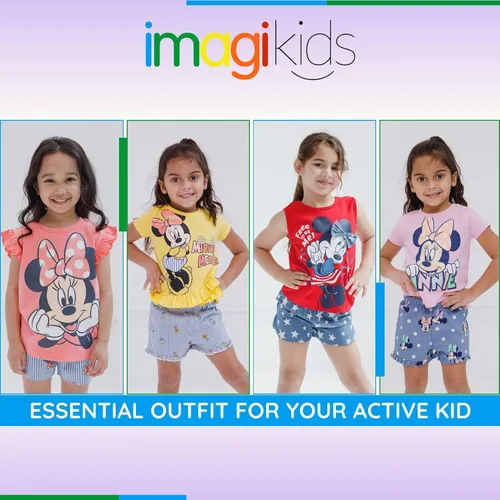 Miniatura 2 de Disney Minnie Mouse - Conjunto de camiseta floral arcoíris y pantalones cortos de cambray, tallas de bebé a niño grande (12 meses - 14-16)