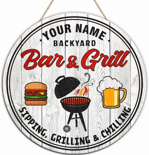 Miniatura 25 de Artsy Woodsy Letrero personalizado para bar y parrilla en el patio trasero (no tallado o neón), decoración de placa artística de pared, accesorios