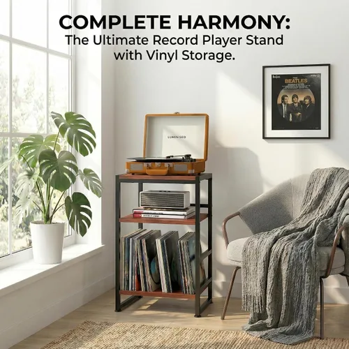 Miniatura 10 de Soporte para tocadiscos, mesa para tocadiscos de 3 niveles con almacenamiento de vinilo en forma de U hasta 120 álbumes, mesa auxiliar de 28 Cherry