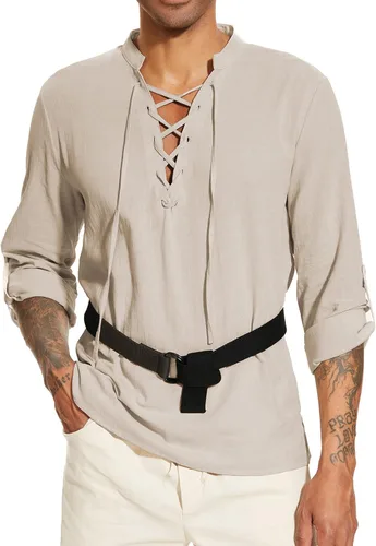 Miniatura 4 de LUYANA Camisa tradicional de lino y algodón con cordones para hombre de manga larga enrollable