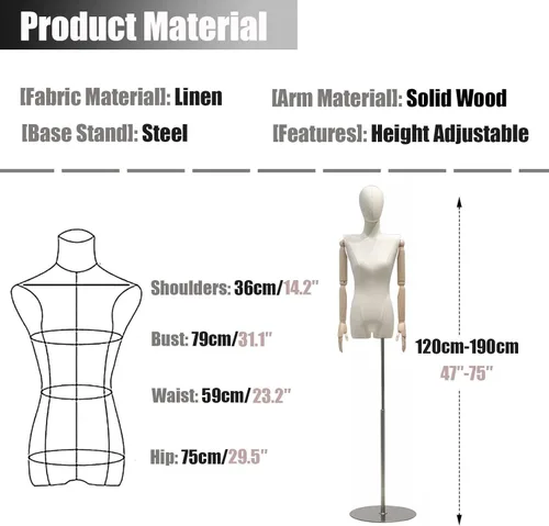 Miniatura 7 de Forma de vestido de torso de maniquí femenino, soporte de cuerpo de modelo de exhibición de ropa con cabeza desmontable y brazos de madera