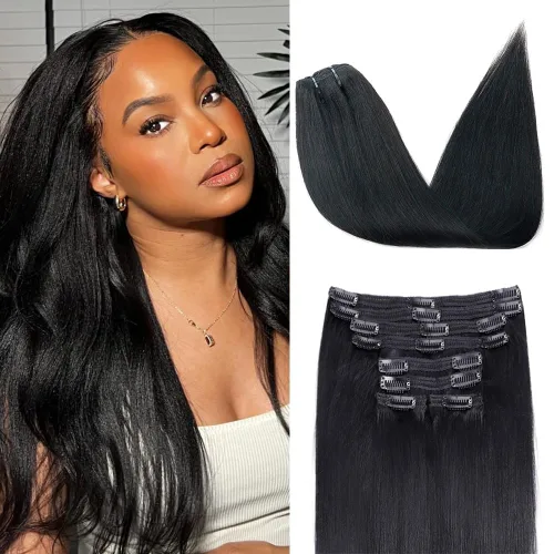 Miniatura 10 de Extensiones de cabello humano real con clip, 8 unidades, cabello humano Remy liso de seda suave natural, 4.23 oz, 20 pulgadas, negro natural #1B, 8