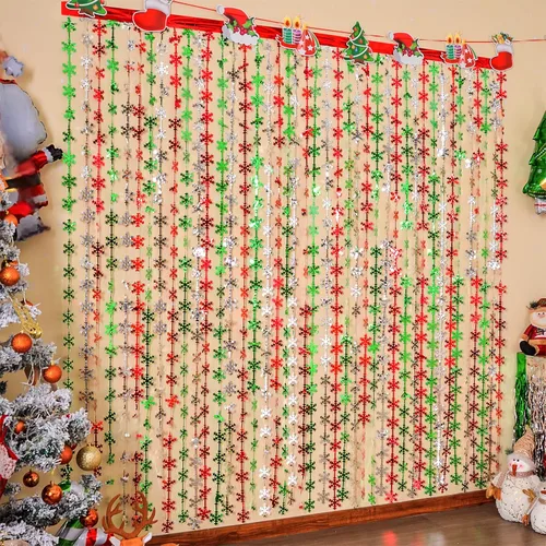 LOLStar Decoraciones de fiesta de Navidad, paquete de 2 cortinas de flecos de aluminio de 3.3 x 6.6 pies, color rojo, plateado, verde, copos de