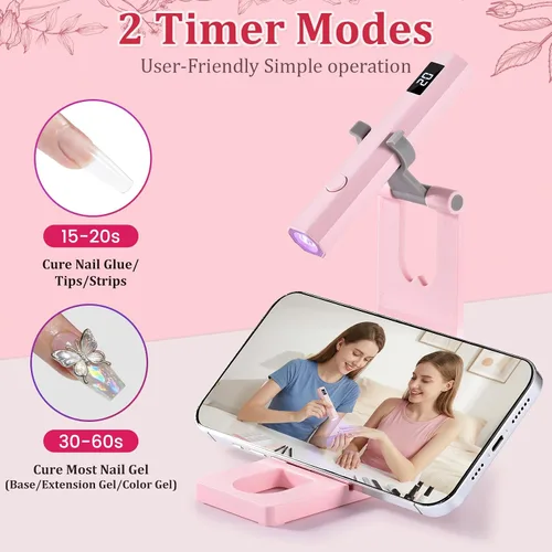 Miniatura 3 de Luz de uñas UV de mano con soporte, mini lámpara de uñas de mano con pantalla LED, lámpara de uñas recargable de curación flash, ajustes