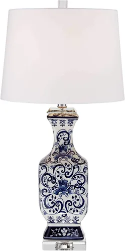 Miniatura 7 de Barnes and Ivy Iris - Juego de 2 lámparas de mesa asiáticas chinas estilo tarro de 28 pulgadas de alto, cristal de porcelana azul, Ginebra de tela