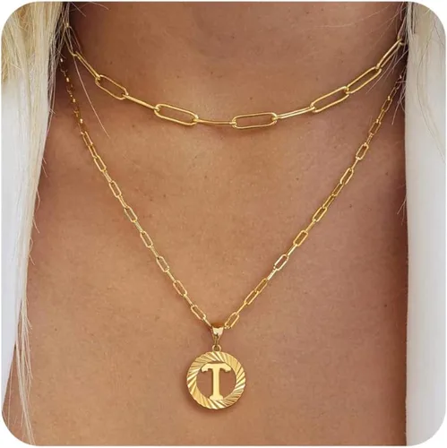 TOBENY Collares con inicial de oro para mujeres y niñas, chapado en oro de 14 quilates, delicado collar de cadena de clip en capas, colgante de