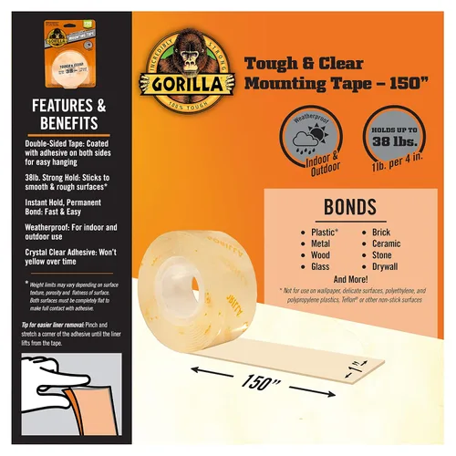 Miniatura 3 de Gorilla Cinta de montaje resistente y transparente de doble cara, cinta transparente, 1 x 150 pulgadas, resistente a la intemperie para interiores