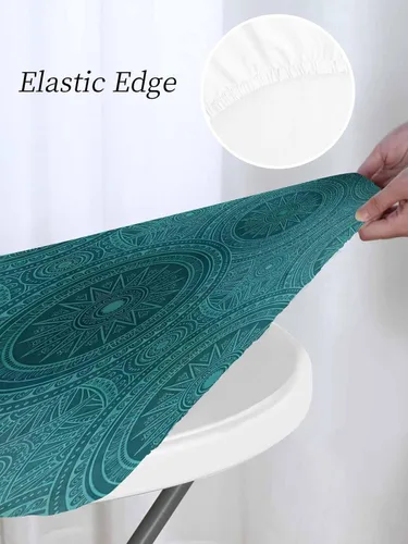 Miniatura 4 de Mantel redondo ajustado con diseño floral de mandala aguamarina, estilo étnico bohemio con borde elástico, impermeable, mantel circular de flores