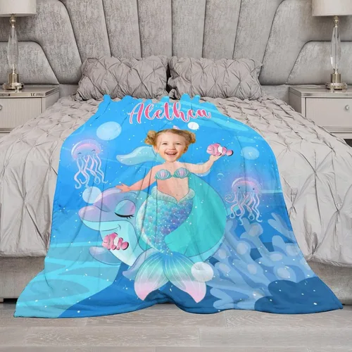 Miniatura 5 de Regalos de Sirena para Niñas, Manta de Bebé Personalizada Pequeña Sirena con Nombre y Foto para Recién Nacidos, Mantas de Regalo Personalizadas