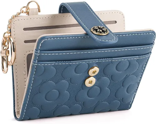 Miniatura 9 de Cartera RFID para mujer, delgada y pequeña, de piel con estampado de flores, plegable, compacta, con tarjetero y bolsillo para monedas, color marrón