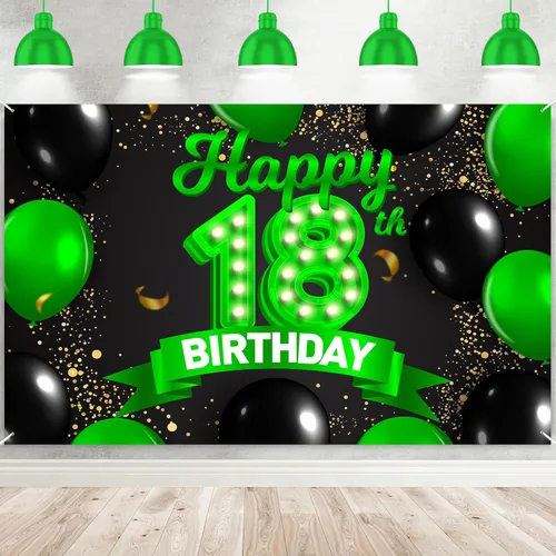 Miniatura 44 de Cartel de feliz cumpleaños 26 verde y negro, telón de fondo con texto en inglés "Cheers to 26 years old confeti", globos de confeti, decoración