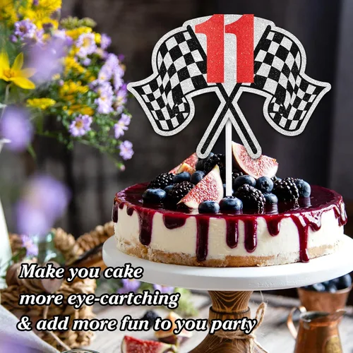 Miniatura 7 de Decoración para pastel de carreras de cumpleaños número 11, bandera a cuadros, rápido, decoración de automóvil, fiesta de cumpleaños de corredor