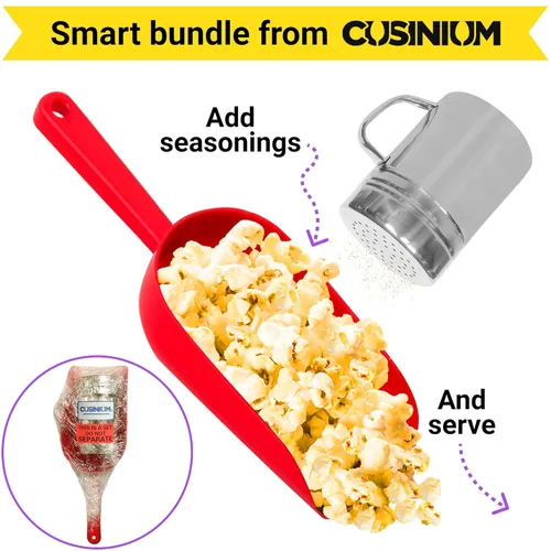 Miniatura 3 de CUSINIUM Cuchara de plástico para palomitas de maíz roja con salero (asa, tapa de plástico), paquete de suministros de concesión de palomitas de maíz