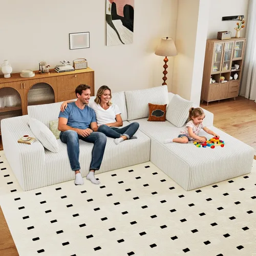Miniatura 67 de Sofá seccional modular de 96", sofá en forma de L tipo nube sin estructura con chaise lounge, tapizado de pana con asiento profundo de espuma Negro