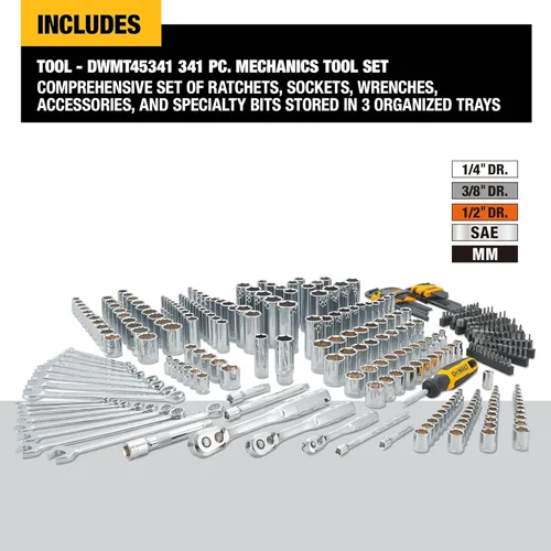 Miniatura 2 de DEWALT - Juego de herramientas mecánicas, herramientas de guía de 1/4", 3/8", 1/2" y llaves combinadas, 341 piezas (DWMT45341)