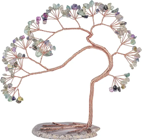 Miniatura 10 de rockcloud Árbol de dinero de cristal aguamarina con base de ágata, árbol bonsái de Feng Shui de la suerte para decoración de oficina y hogar
