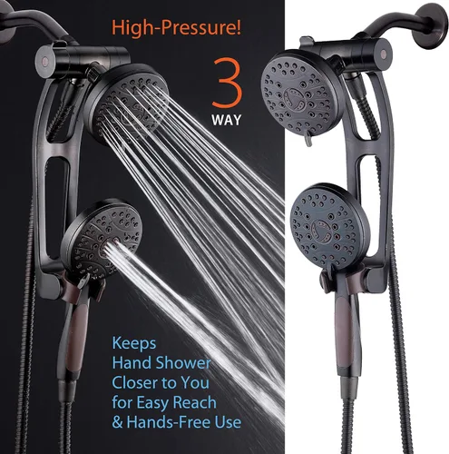 Miniatura 2 de Combo de lujo de 3 vías de alta presión de 48 modos con brazo de extensión ajustable – Cabezal de ducha dual de lluvia y de mano – Manguera de acero