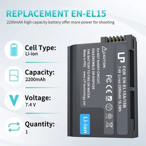 Miniatura 2 de LP EN-EL15C Batería de Reemplazo, 2200 mAh EN-EL15a/EN-EL15b Batería Compatible con Nikon D7500, D7200, D7100, D7000, D850, D750, D500, D810a, D810
