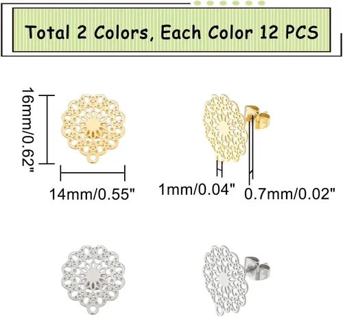 Miniatura 3 de UNICRAFTALE Alrededor de 24 aretes bohemios con bucle de acero inoxidable de filigrana hueca con tapones, tuercas de oreja de 0.028 in para 2