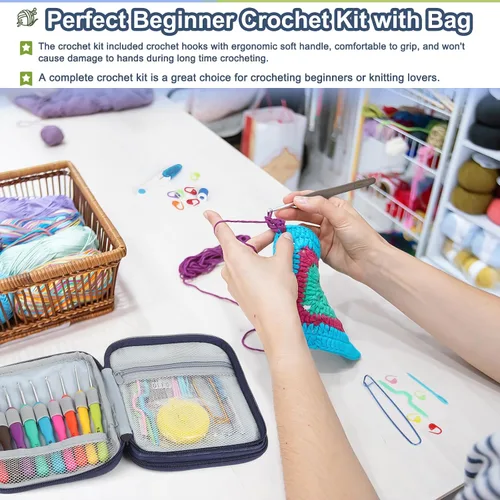 Miniatura 5 de Katech Juego de 85 ganchos de ganchillo, kit de ganchos de ganchillo con estuche de almacenamiento, agujas de tejer ergonómicas, kits de hilo