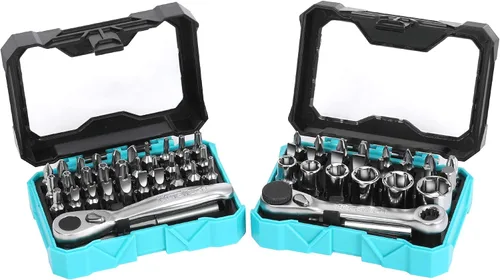 DURATECH Juego de 56 llaves de trinquete de 1/4 pulgadas y puntas de destornillador, 2 en 1, 72 dientes y 60 dientes con juego de dados de broca,
