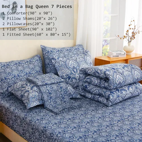Miniatura 7 de lasoftan Juego de edredón floral Queen con sábanas, ropa de cama vintage de lujo de 7 piezas, ropa de cama de microfibra suave en una bolsa, juego