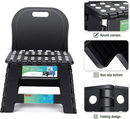 Miniatura 3 de ACSTEP Taburete plegable, incluye taburete extra ancho y resistente y soporte para la espalda, taburete plegable negro