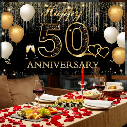 Miniatura 4 de Decoraciones doradas de aniversario de boda del número 50, telón de fondo de pancarta de feliz 50 aniversario, decoración de fiesta de hitos