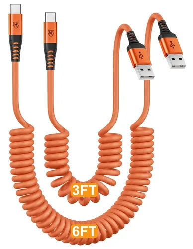Miniatura 7 de Cable de carga USB tipo C de carga rápida, [2 paquetes, 3 pies] Cable de carga USB A a tipo C enrollado para automóvil USB-C compatible con iPhone