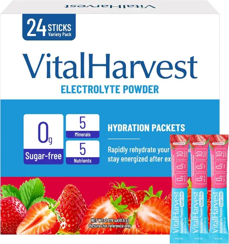VitalHarvest 24 Sobres de Polvo de Electrolitos Sin Azúcar Paquetes de Hidratación Mezcla de Bebida IV Diaria Líquida para Hidratación Rápida, Bajo