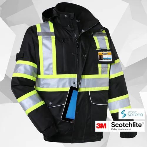Miniatura 2 de JKSafety Chaqueta bomber de invierno reflectante 3M impermeable de alta visibilidad con 10 bolsillos, color negro, bolsillo seguro para tableta
