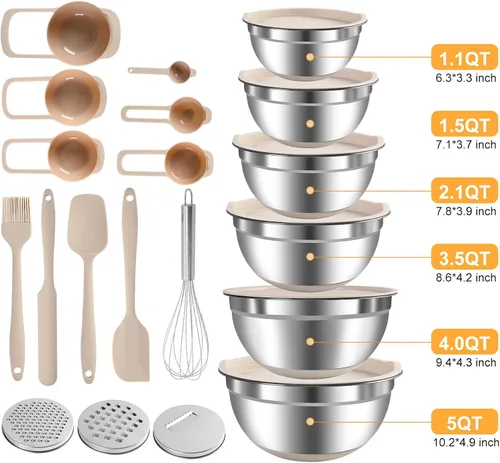 Miniatura 2 de Juego de tazones para mezclar con tapas herméticas, juego de 20 utensilios de cocina, 6 cuencos de acero inoxidable, 3 accesorios para rallar, parte