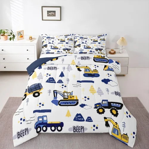 Miniatura 5 de Juego de edredón de camión de construcción para niños, tamaño individual, juego de ropa de cama de automóviles de dibujos animados para niños