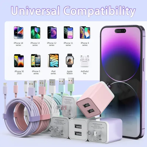 Miniatura 6 de iGENJUN Paquete de 5 cargadores de iPhone, adaptador de bloque de cargador de pared USB de doble puerto con cable Lightning largo de 6 pies, cables