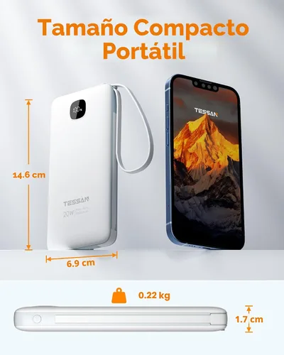 Miniatura 4 de Cargador portátil con cables integrados, cargador de batería TESSAN de 10000 mAh de carga rápida con cargador de pared plegable, paquete de batería