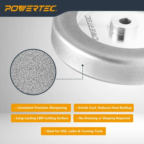 Miniatura 3 de POWERTEC Muela abrasiva CBN de 6 pulgadas grano 320, 1-1/4" de ancho, árbol de 1/2" - Rueda de afilado CBN 4 en 1 con borde de radio de 1/4" y cara