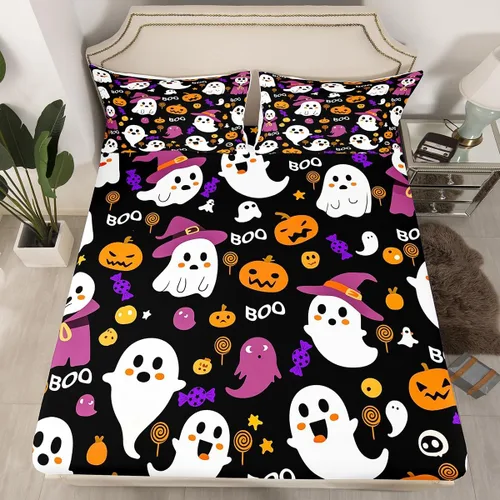 Miniatura 37 de Juego de sábanas bajeras con bonito diseño de gato negro para niños y niñas, diseño de dibujos animados de Halloween, gato, animales, sábanas