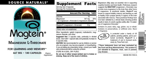 Miniatura 4 de Source Naturals Magtein Magnesio L-treonato, 667mg, apoya el enfoque, el estado de ánimo, la memoria saludable, la función cognitiva - 180 cápsulas