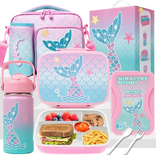 Miniatura 8 de Caja Bento para Niños Lonchera para Niños Caja Bento para Niños Juego de Lonchera con 5 Compartimentos Botella de Acero Inoxidable para Agua, Bolsa