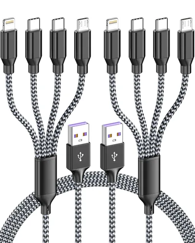 Miniatura 8 de Cable de carga múltiple de 4 pies, paquete de 2 cables de carga Doub Tyep-C 4 en 1, de nailon trenzado, cargador Lightning para iPhone, cable
